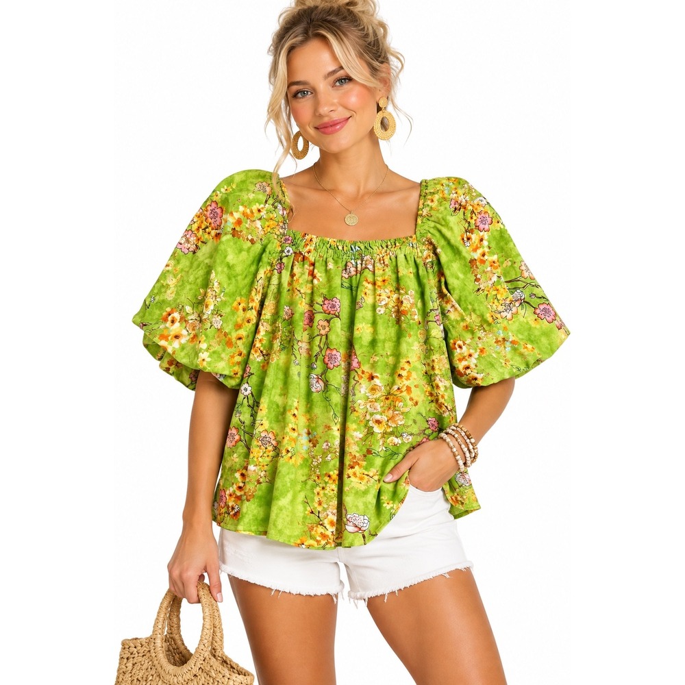 Entro Green Floral Puff Sleeve Smocked Square Neck Top S Garden Party Romantic